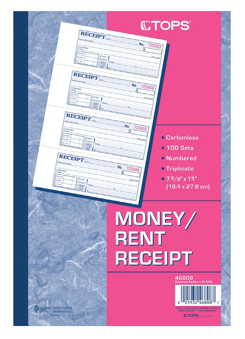 TOPS Money/Rent Receipt Book, 3-Part, Carbonless, 11 x 7-5/8 Inches, 4 Receipts/Page, 100 Sets per Book (46808) - Image 2